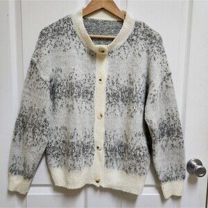 Dazy Sweater Womens S Gray Cream Mohair Blend Fluffy Knit Cardigan Button Boho